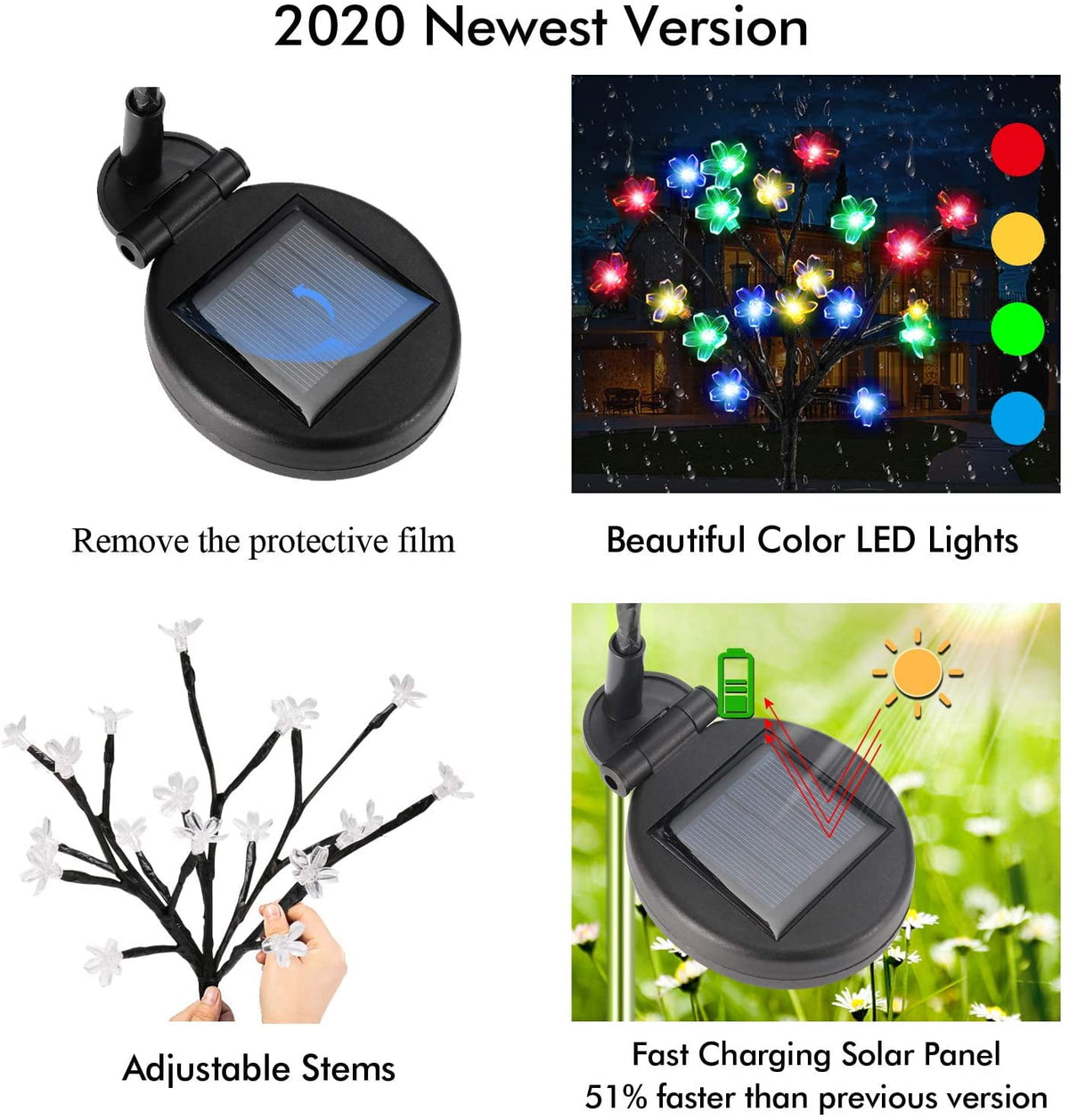 QiShi 2 Pack Solar Fairy Lights Waterproof Multi-Color Solar Powered Garden Lights, Solar Flower Lights with 20 Cherry Blossom, Bigger Solar Panel for Pathway Patio Yard Christmas Decor