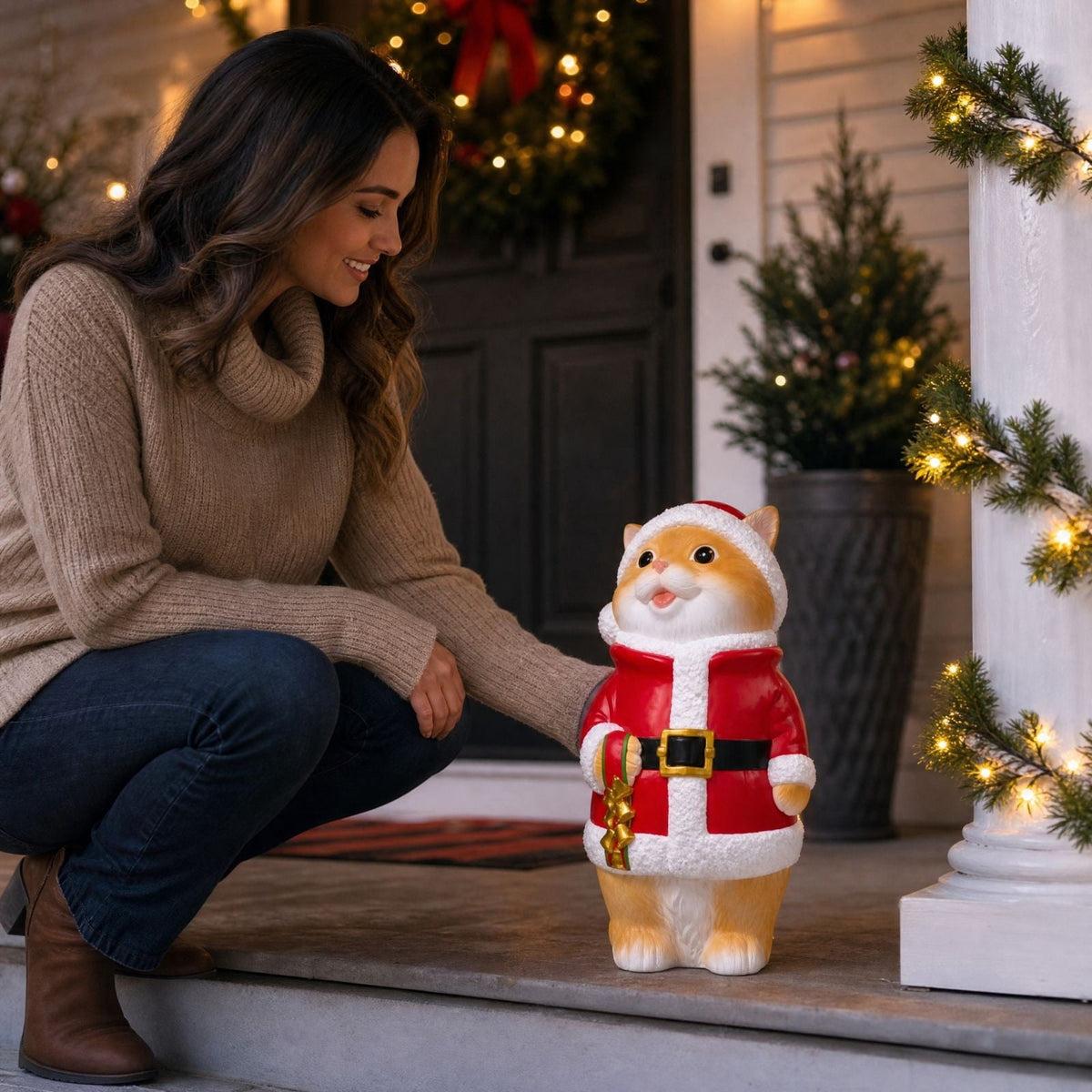Luckky Lighted Christmas Dog Resin Statue, Santa Hat and Scarf Dog Figurine, 7.87 Inch, Multi-Color LED Lights, Indoor Outdoor Holiday Decor
