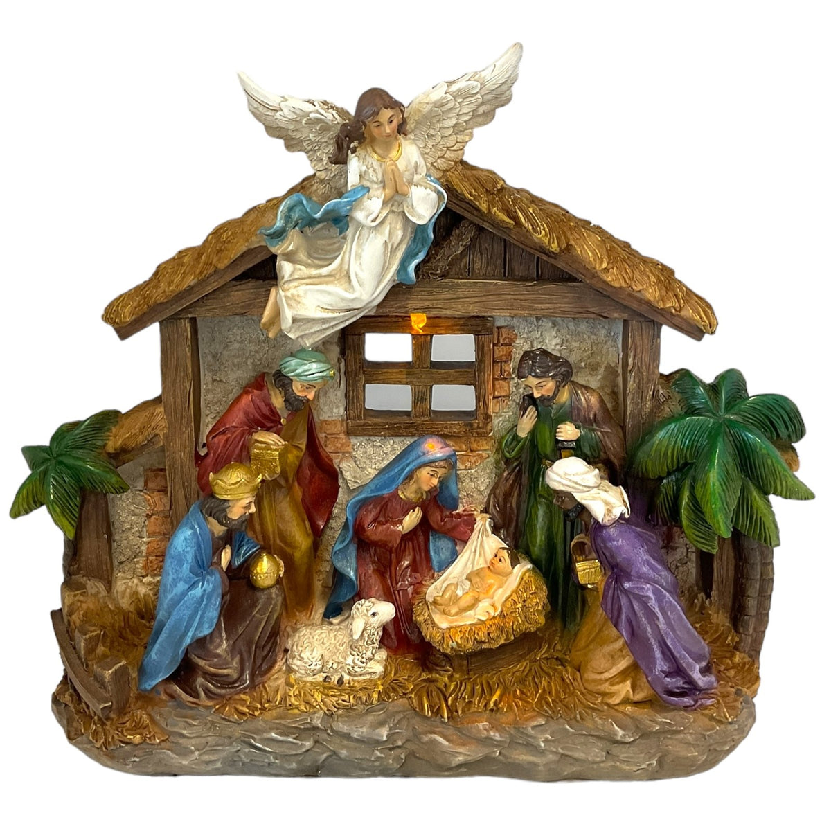 Gerson 2604470 Battery Operated Lighted Resin Nativity Stable with Figurines 12.4" L