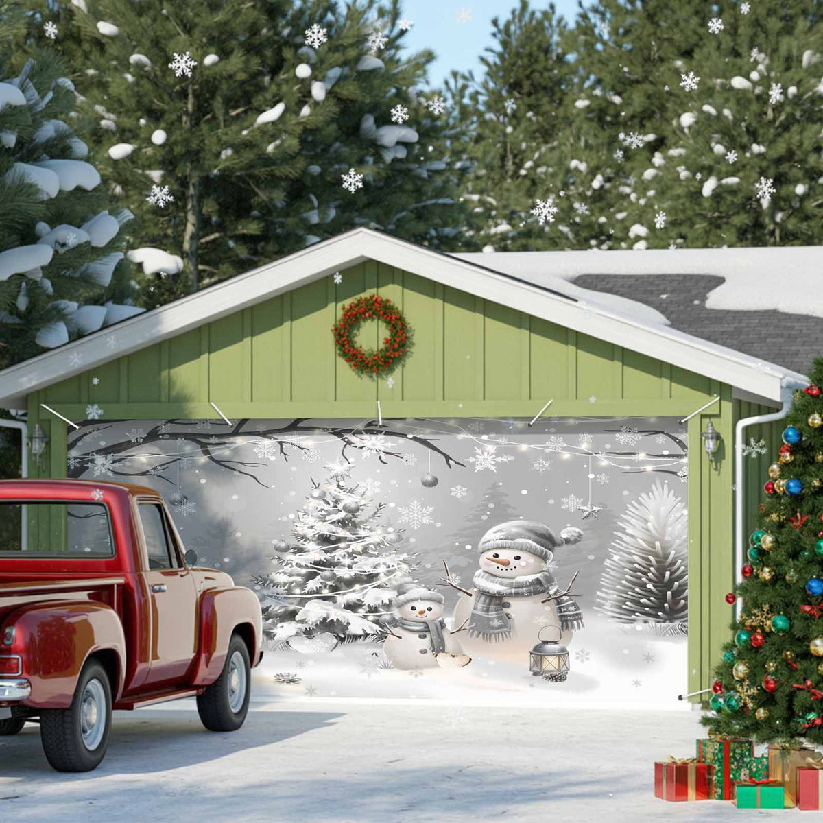 Fsddascl 7 x 16 Ft Christmas Garage Door Cover, Black Christmas Tree Large Garage Door Banner, Xmas Snowflake Green Golden Hanging Garage Mural Background for Indoor Outdoor Xmas Party Supplies