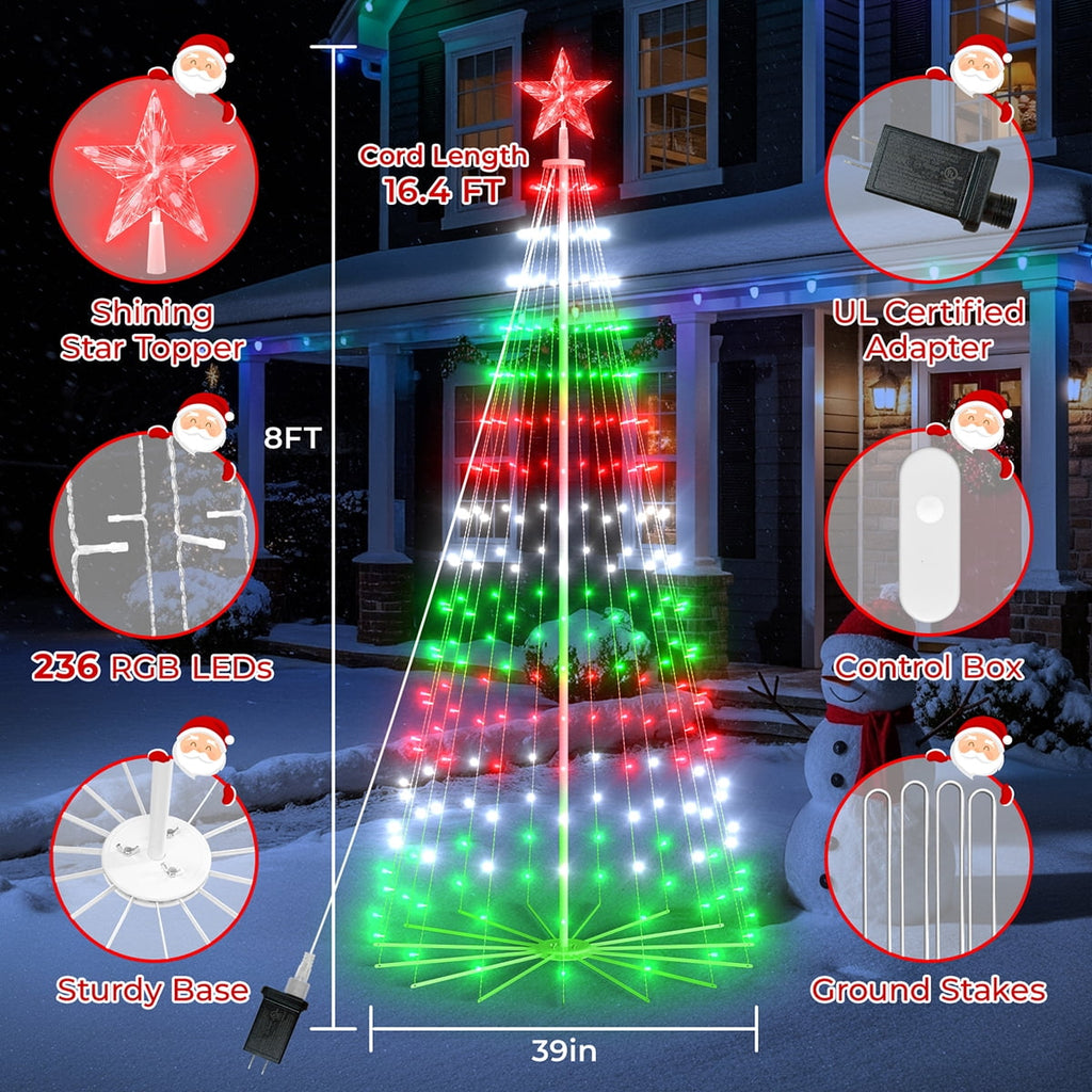 8FT 236 LED Christmas Cone Tree Smart Light with 58 Modes DIY Timer Remote Dimmable Artificial Christmas Tree for Porch Yard Patio Indoor Outdoor Xmas Holiday Decor