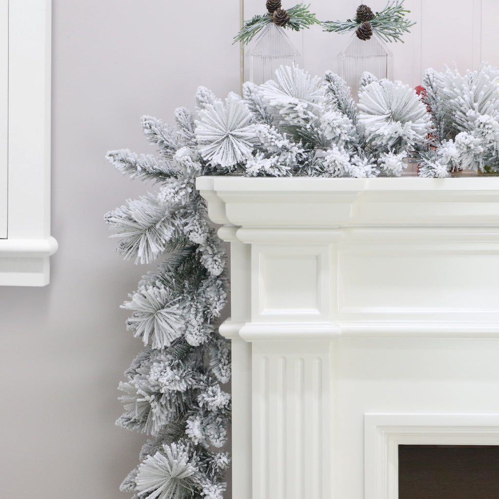 Snow-Flocked Winter Frost Unlit Artificial Christmas Garland, Green and White, 9', by Holiday Time