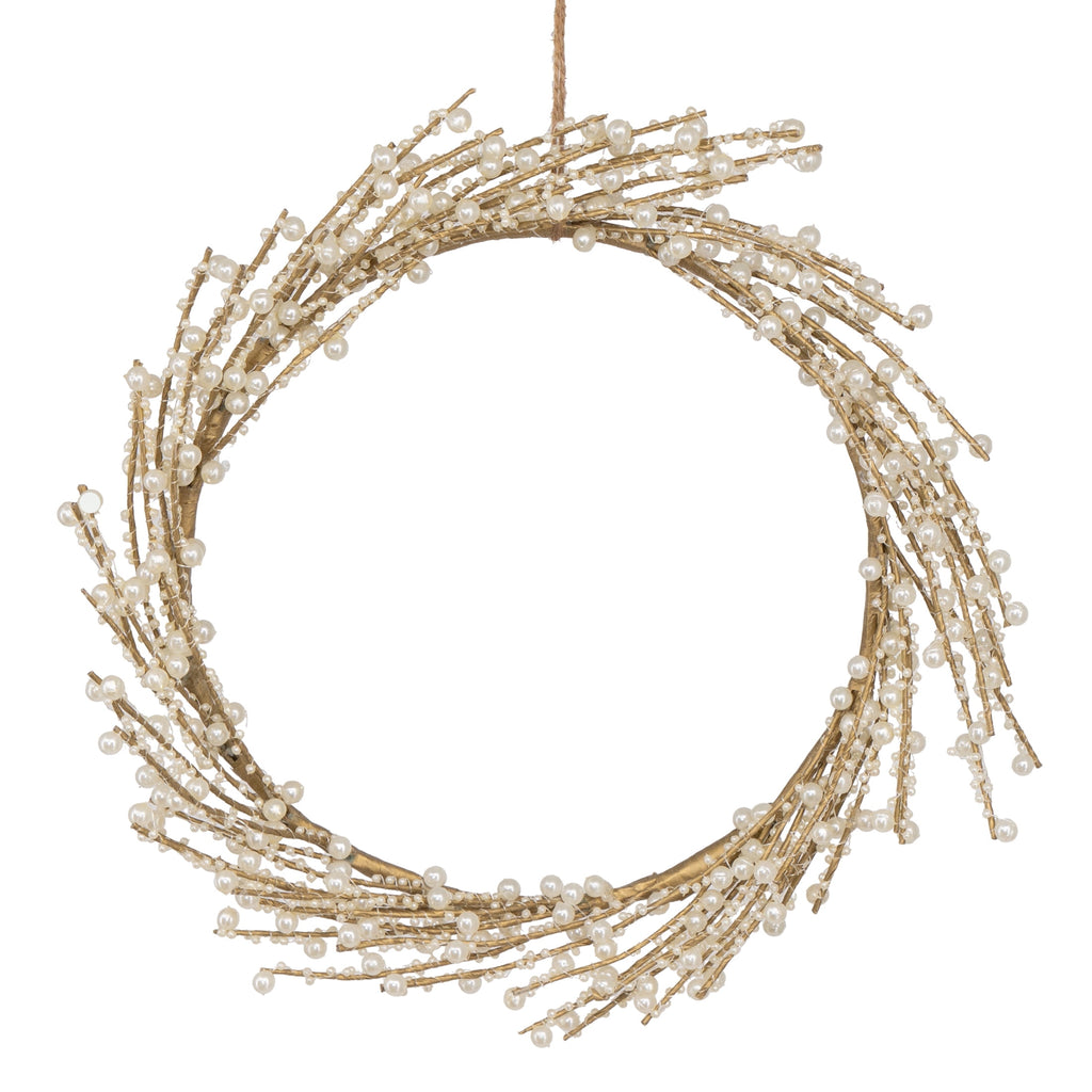My Texas House Pearl Beaded Christmas Wreath, White and Gold, 12"