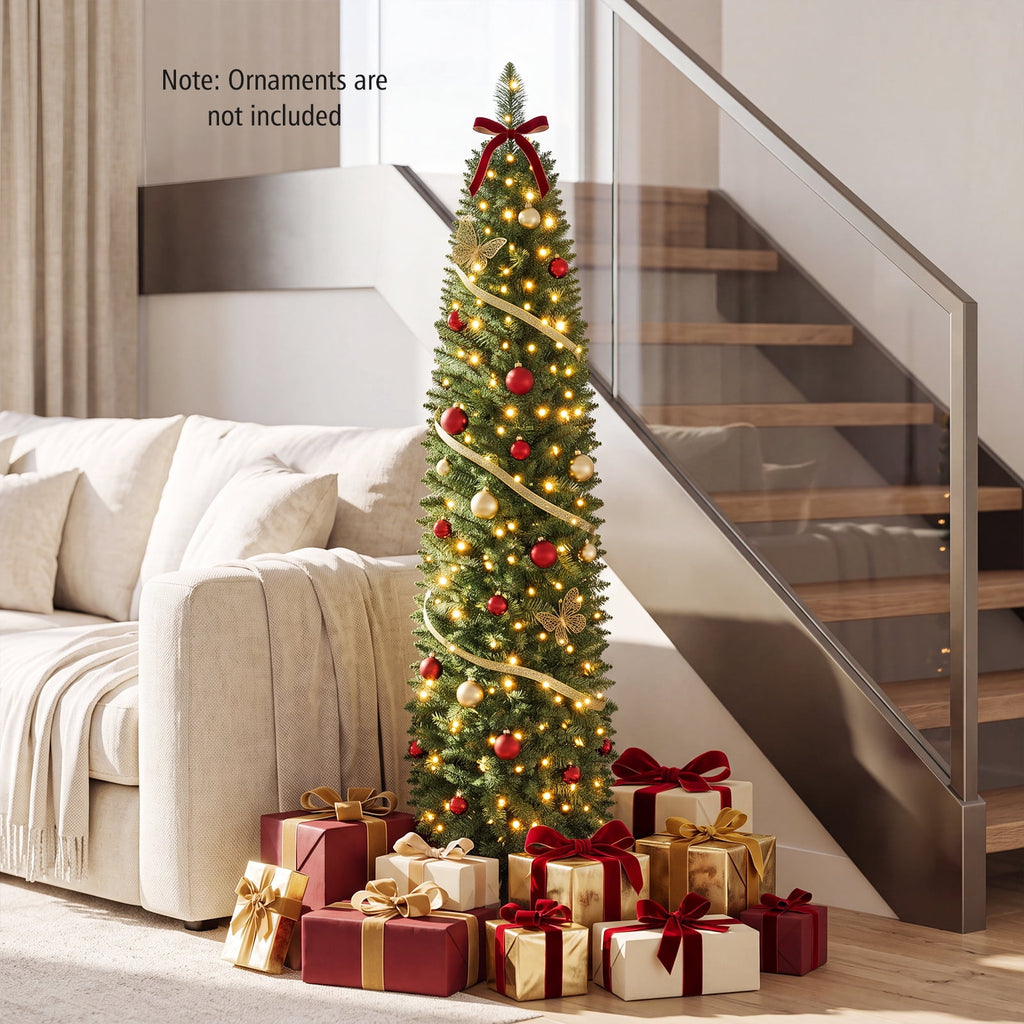 Costway 6 FT Pencil Christmas Tree Pre-Lit Folding Metal Stand Green