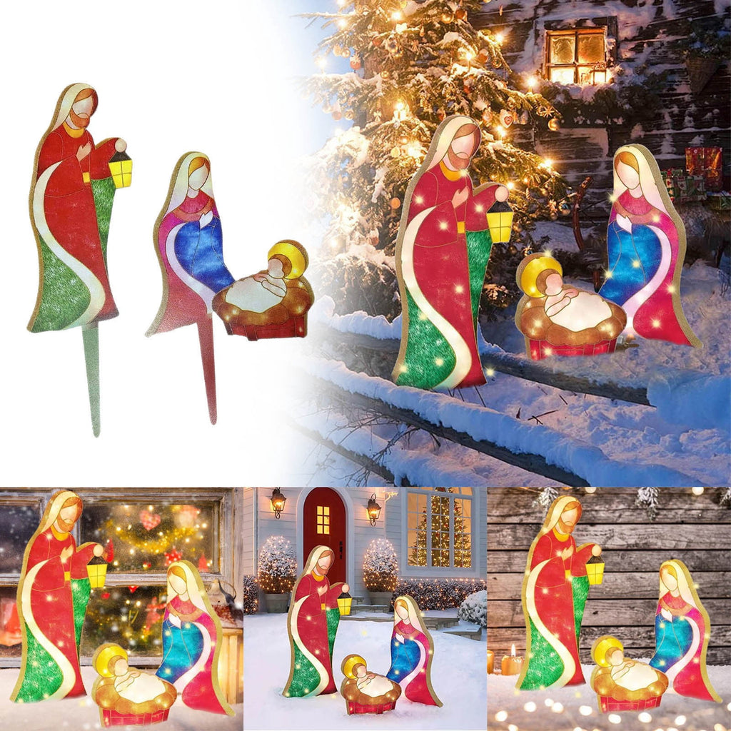 Mini Outdoor Lighted Nativity Scene Set, 9.06 -11. Inches Stained Acrylic Holy Family Decor, Easy Assemble Religious Christmas Yard Decoration for Garden Lawn