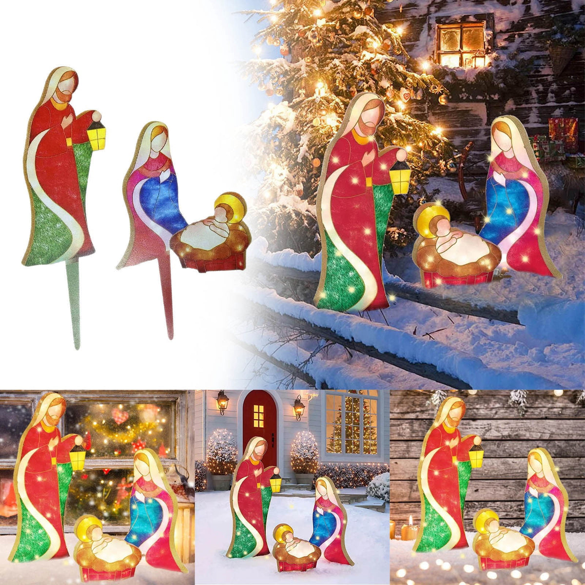 Mini Outdoor Lighted Nativity Scene Set, 9.06 -11. Inches Stained Acrylic Holy Family Decor, Easy Assemble Religious Christmas Yard Decoration for Garden Lawn