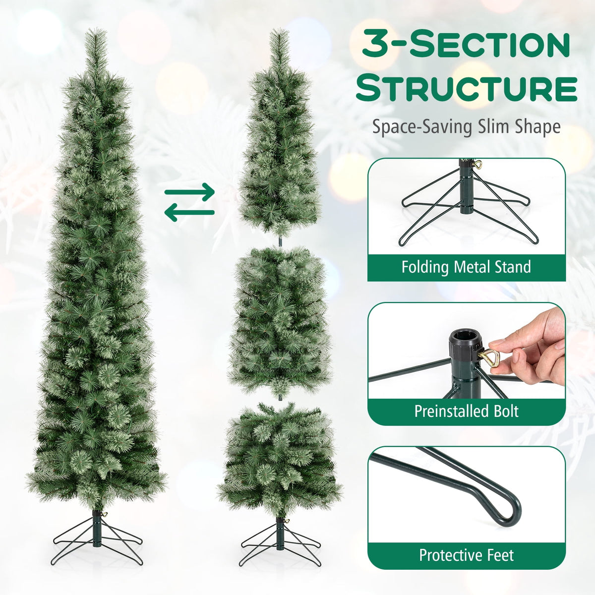 Costway 7 FT Pre-Lit Pencil Artificial Christmas Tree with 150 LED Warm White Lights,8 Modes