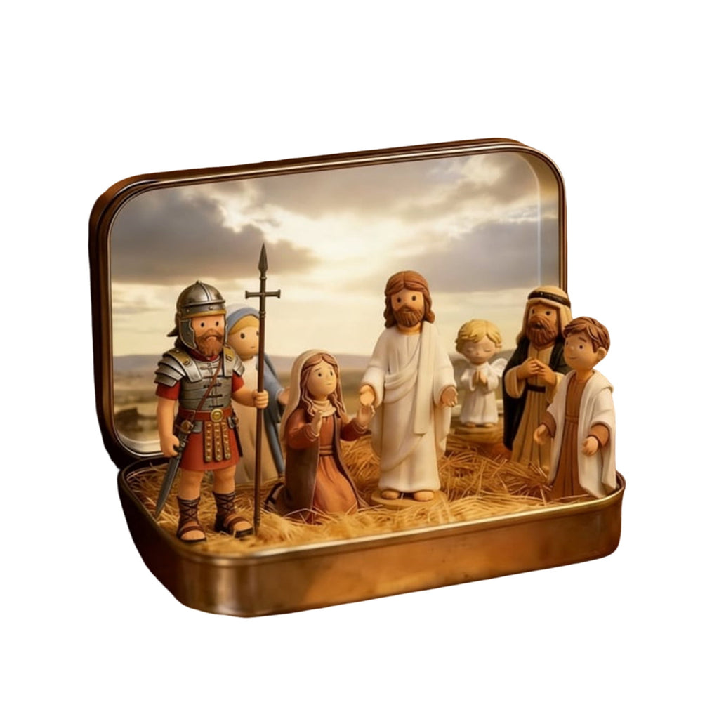 Coollooc Mini Nativity Set in a Tin Box, Handcrafted Pocket Size Nativity Scene Gift Tin, Resin Nativity Sets & Figures, Easter Decoration Indoor for Home Gifts Decor
