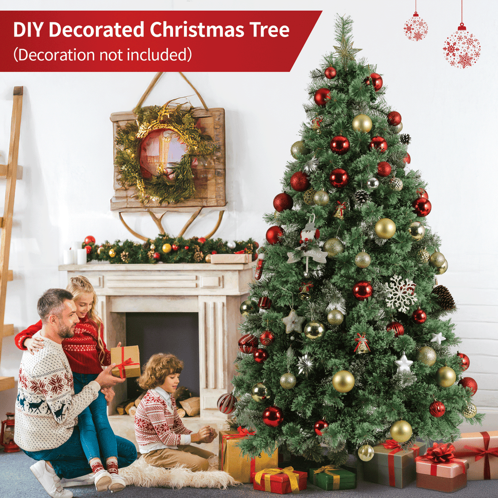 TLSUNNY 8ft Pre-lit Artificial Christmas Tree, W/ 1000 Branche Tips, 450 LED Warm Lights, Fluffy Snow Flocked Pine Tree, Metal Stand Hinged Xmas Tree for Party Holiday Decor