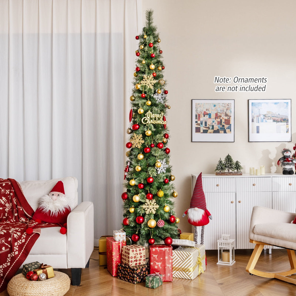 Costway 7 FT Pre-Lit Pencil Artificial Christmas Tree with 150 LED Warm White Lights,8 Modes