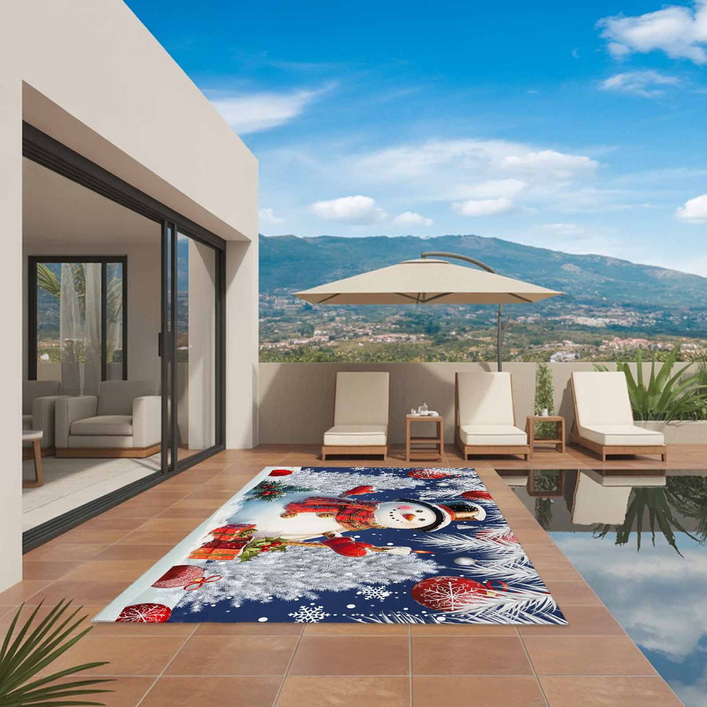 Grey Snowman Christmas Outdoor Rug for Patio/Deck/Porch, Non-Slip Large Area Rug 4 x 6 Ft, Xmas Tree Red Balls Snowflake Indoor Outdoor Rugs Washable Area Rugs, Reversible Camping Rug Carpet Runner