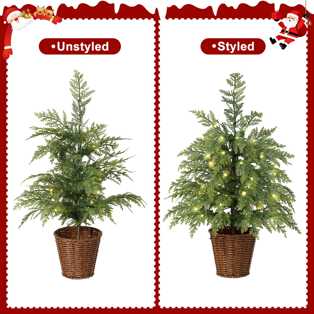 DR.Planzen 24" Pre-Lit Green Cypress Artificial Christmas Tree with 30 Warm White LED Lights, Mini Tabletop Xmas Tree in Woven Basket Base, Indoor Holiday Decoration
