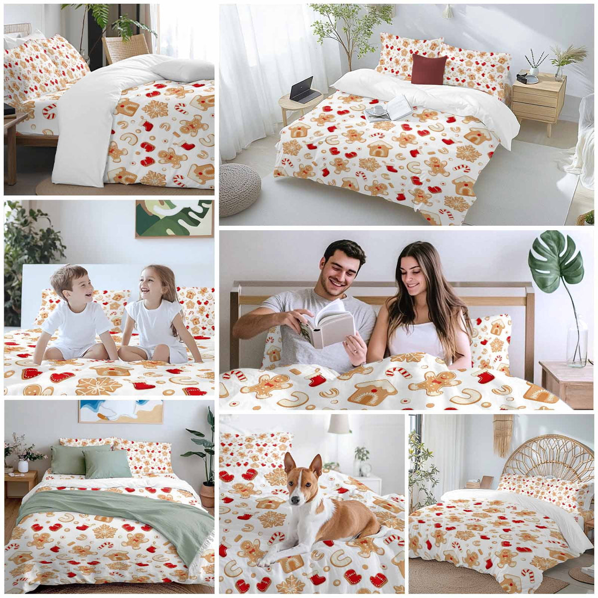 Christmas Gingerbread Man Bedding Duvet Cover Set Twin Size 4 Pieces Winter Snowflake Food White Bedding Set with Zipper Closure, 1 Comforter Cover 68x90 Inches 1 Flat Sheet & 2 Pillow Cases
