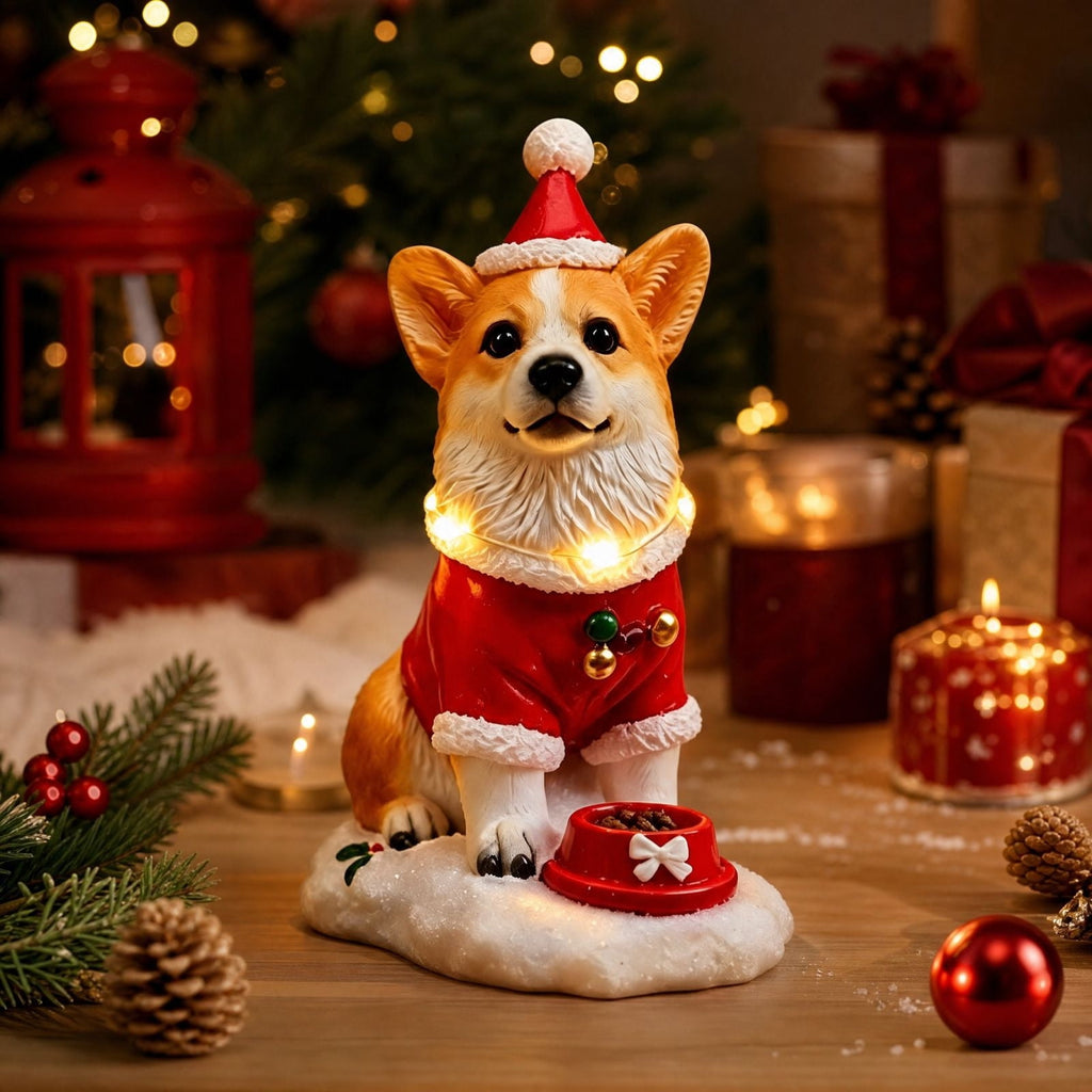Luckky Lighted Christmas Dog Resin Statue, Santa Hat and Scarf Dog Figurine, 7.87 Inch, Multi-Color LED Lights, Indoor Outdoor Holiday Decor