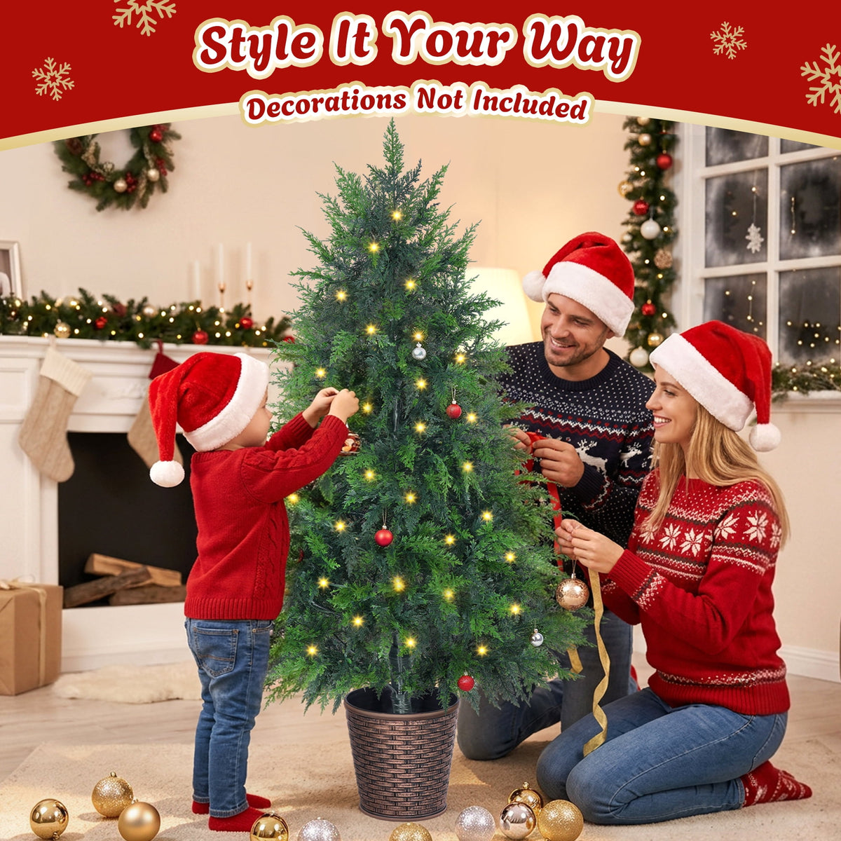 Firstness 4Ft Pre-Lit Potted Christmas Trees with 8 Lighting Modes, PE Cypress Artificial Tree for Porch Entryway Indoor Outdoor Decor