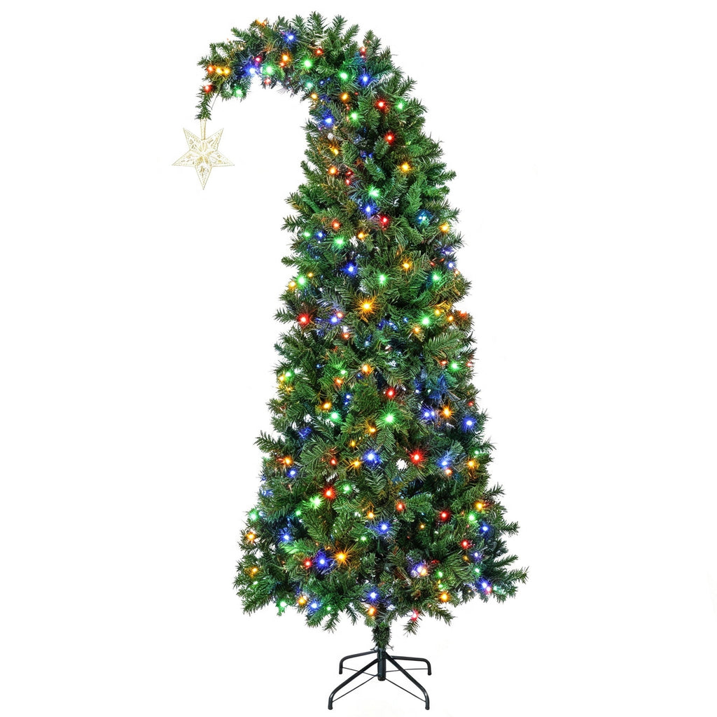 Firstness 7.5Ft Christmas Tree Crooked Neck, Prelit Artificial Xmas Tree with 400 Colorful Lights & 11 Modes, 1350 Branch Tips, Storage Bag, PVC Bendable Top Christmas Tree
