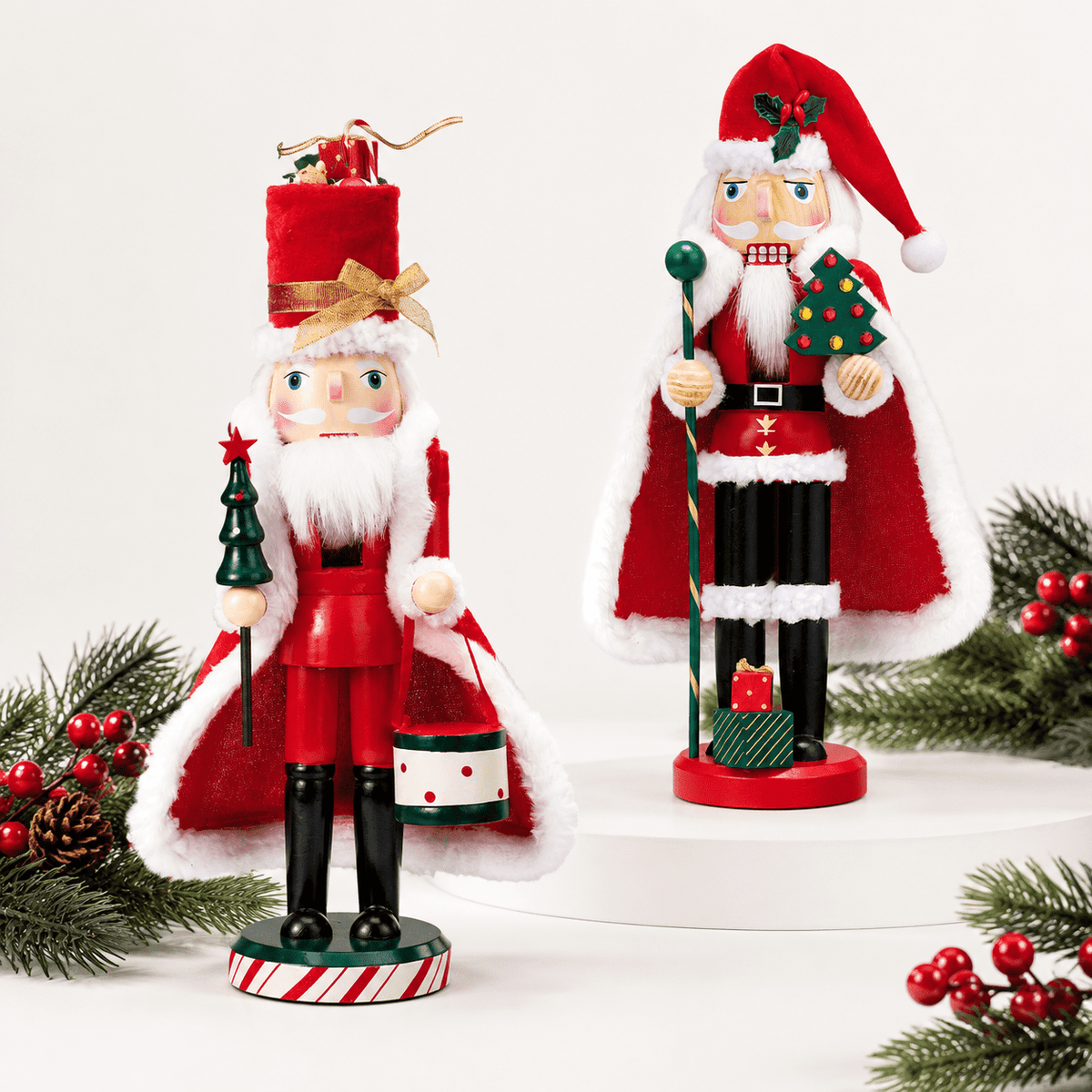 14 Inch Wooden Santa Nutcracker Figures, Set of 2, Red Green White Christmas Decor