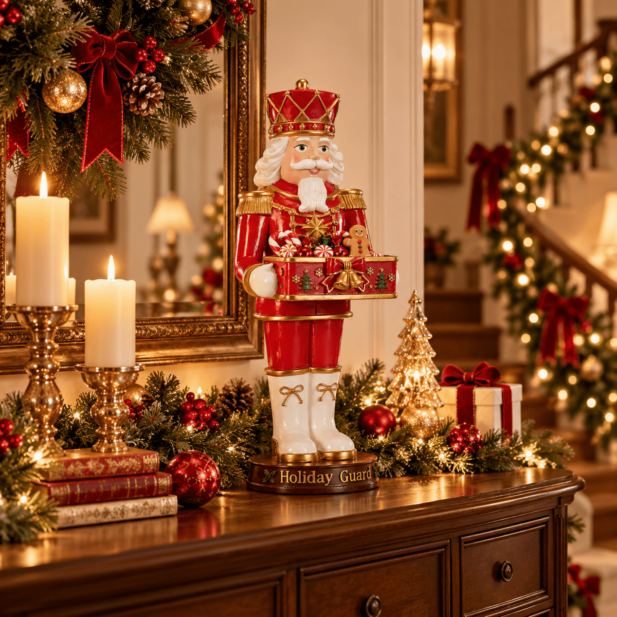 Rayocon Christmas Nutcracker Decor, 24.4 Inch Resin Soldier Statue with Display Tray, Red & Gold