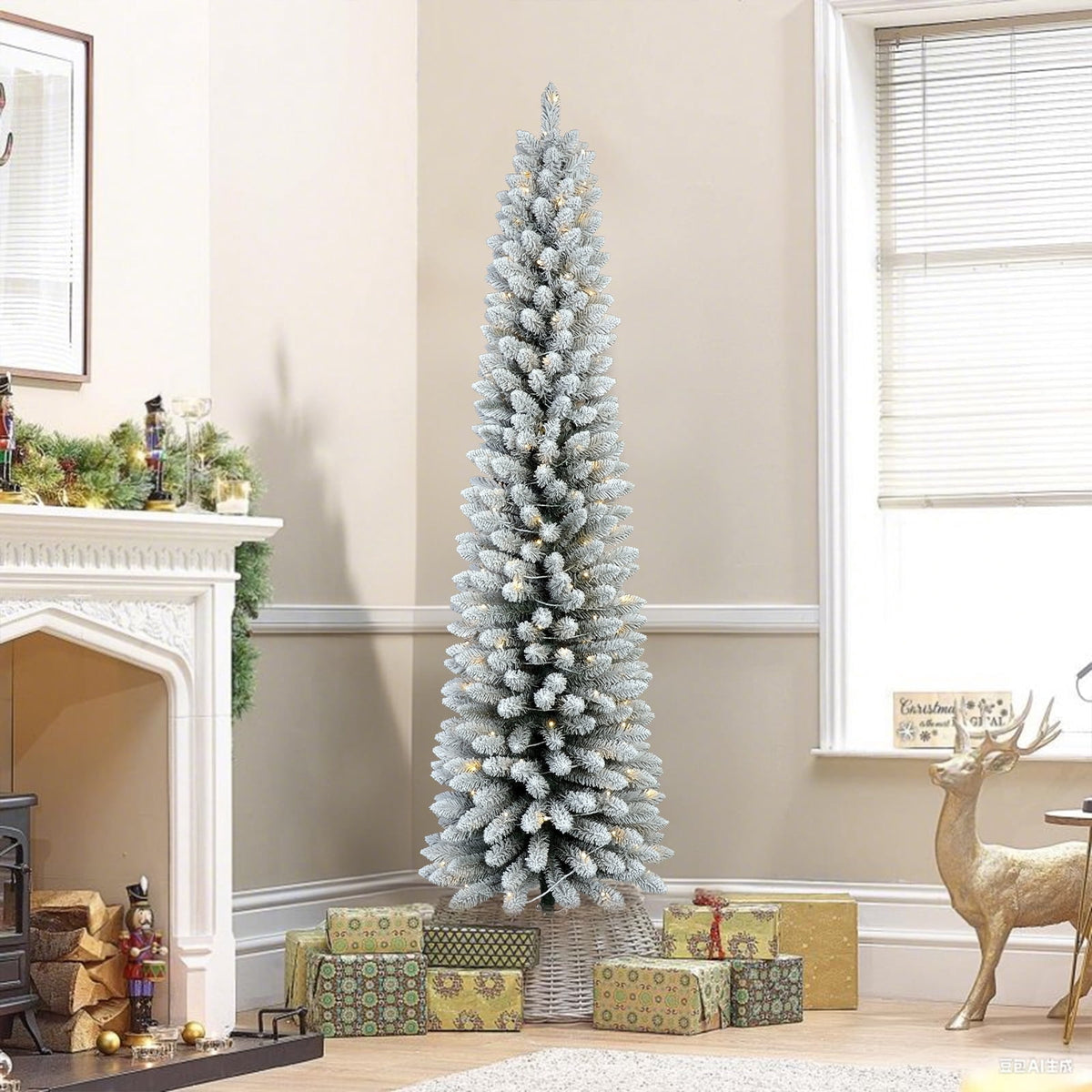 Bringstar 6FT Pre-Lit Pencil Christmas Tree,Green Artificial Xmas Trees, 150 LED Warm White Lights