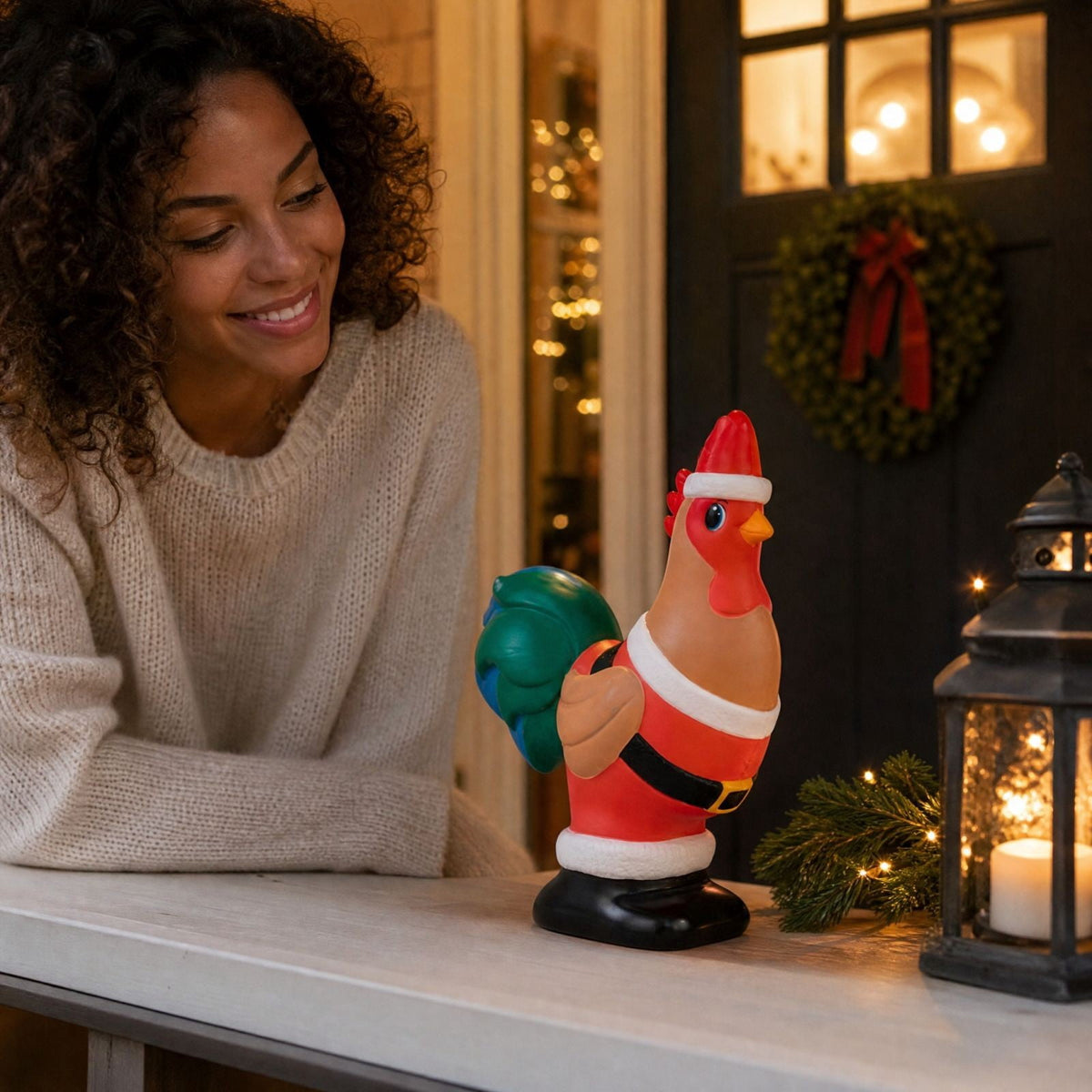 Luckky Lighted Christmas Dog Resin Statue, Santa Hat and Scarf Dog Figurine, 7.87 Inch, Multi-Color LED Lights, Indoor Outdoor Holiday Decor