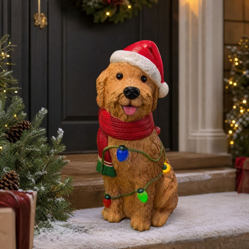Luckky Lighted Christmas Dog Resin Statue, Santa Hat and Scarf Dog Figurine, 7.87 Inch, Multi-Color LED Lights, Indoor Outdoor Holiday Decor
