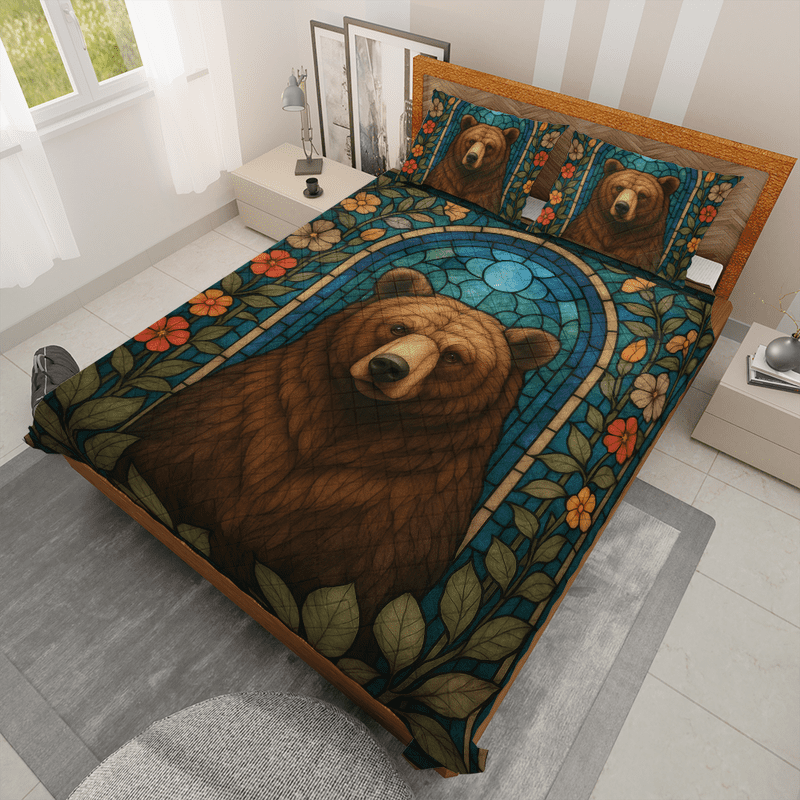 Floral Bear Christmas Quilt Bedding Set – Rustic Stained Glass Style Brown Bear Forest Flowers Bedroom Home Décor