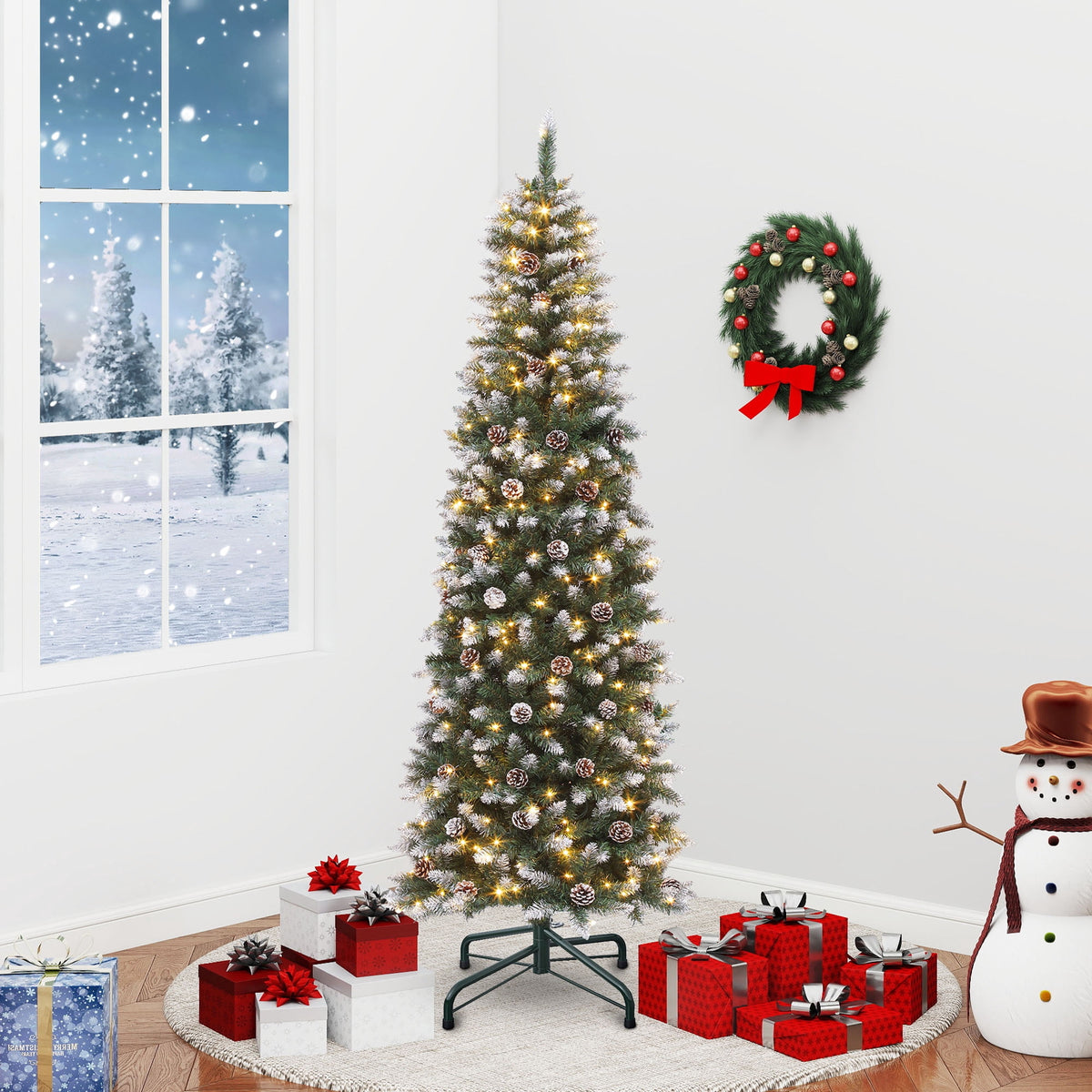 Dextrus 6 ft Prelit Pencil Christmas Tree with 50 Pine Cones, Flocked Artificial Hinged Xmas Christmas Tree with 618 Tips & 250 Lights, Remote Control,11 Light Modes, Green
