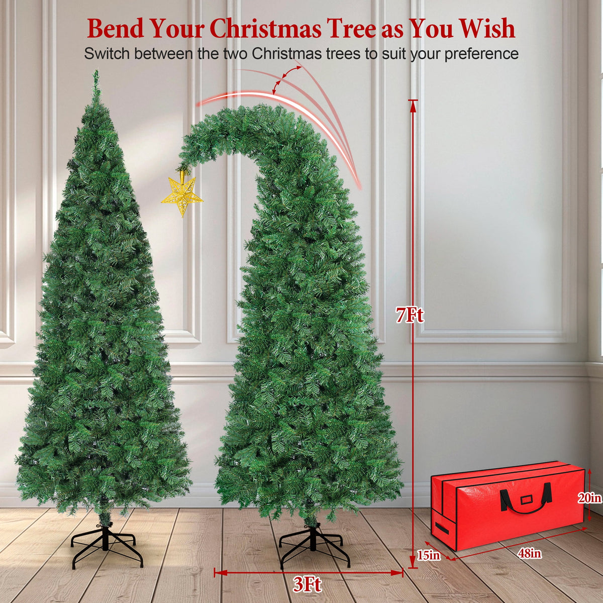 Firstness 7.5Ft Christmas Tree Crooked Neck, Prelit Artificial Xmas Tree with 400 Colorful Lights & 11 Modes, 1350 Branch Tips, Storage Bag, PVC Bendable Top Christmas Tree