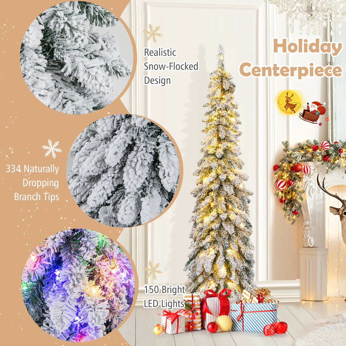 Topbuy 4FT Pre-lit Artificial Christmas Tree Snow-flocked Xmas Pencil Tree with 225 Branch Tips 100 LED Lights 2 Lighting Colors