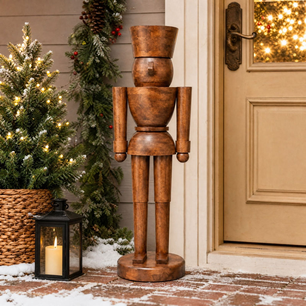 Wood Nutcracker Christmas Decoration, Brown, 36 Inch Drummer Nutcracker Figurine, Large Rustic Floor Standing Christmas Decor for Farmhouse Entryway Mantel Home