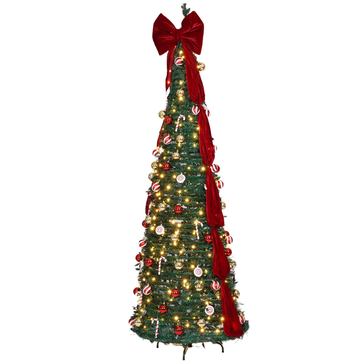 Firstness Christmas Tree 7.5FT, Pop up Pre Decorated Pre Lit Artificial Xmas Tree with 350 LED Lights, Large Bow & Ornaments, Lighted Christmas Tree with Storage Bag, Easy Installation