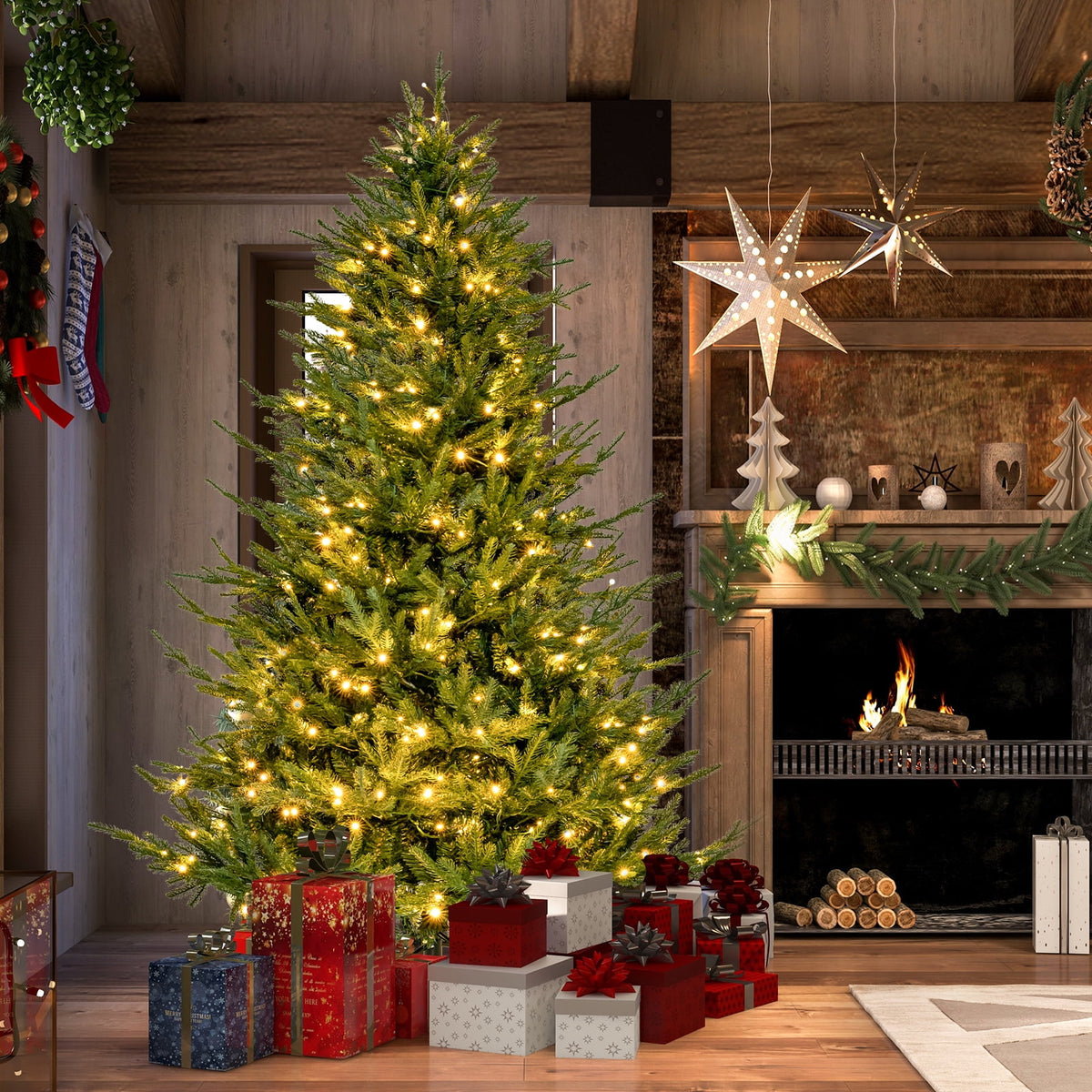 Topbuy 6FT Artificial Christmas Tree Pre-lit Xmas Tree with 280 Warm White LED Lights 8 Lighting Modes 788 PE & PVC Branch Tips