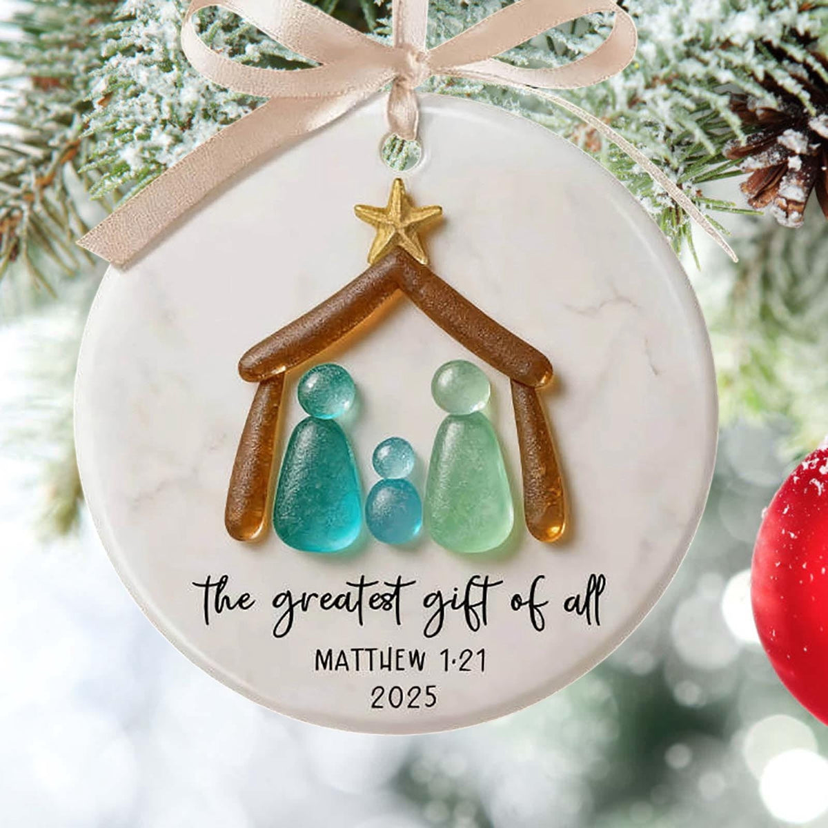 Lunxisen 1 Pcs Sea Glass Nativity: Jesus’ Birth Christmas Ornament,Coastal Inspired Sea Glass Nativity Ornament,Handmade Nativity Scene, with Shells and Starfish