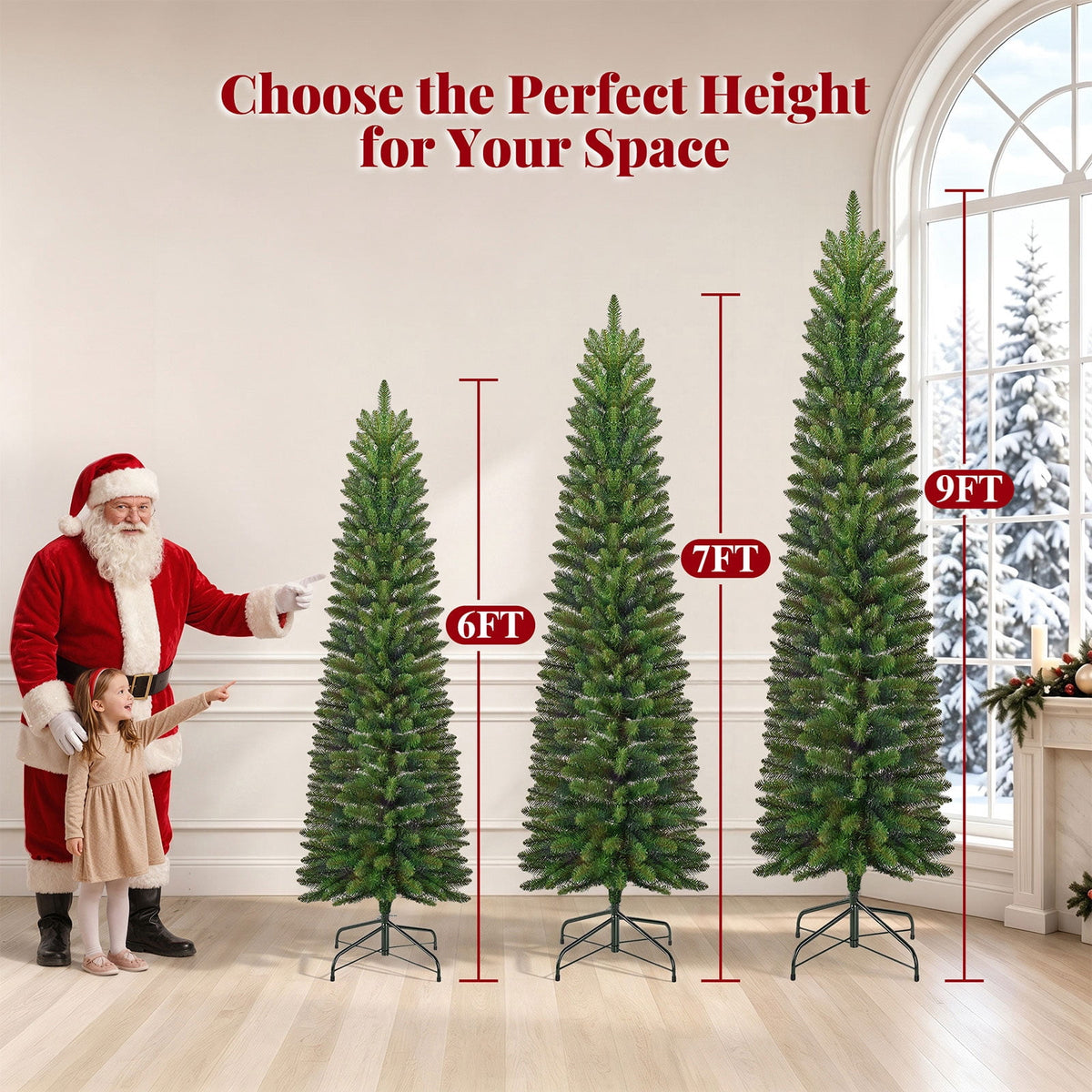 Goosiay Pre-Lit Pencil Artificial Christmas Tree, 6ft Xmas Tree with Metal Stand for Christmas Decoration, Green