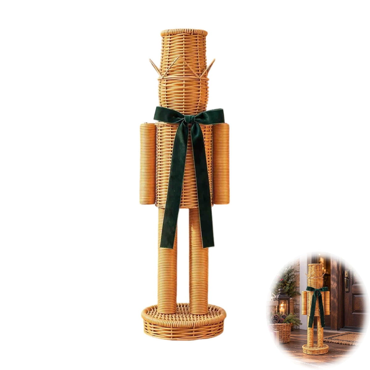 15.7 Inch Resin Nutcracker with Velvet Bow, Christmas Farmhouse Decor, Large Rattan Imitation Soldier Figurine for Floor Mantel Table Home,Rustic Winter Holiday Outdoor Decor,2PCS