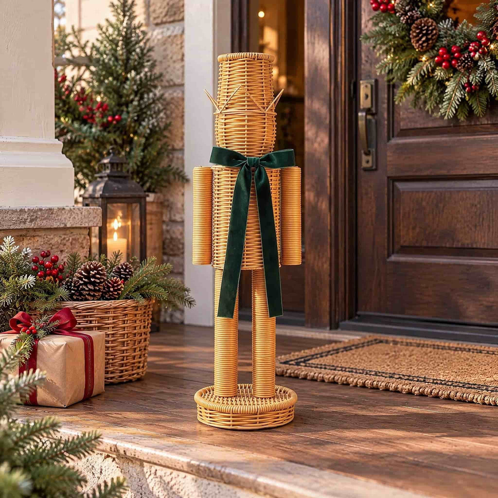15.74 Inch Rattan Nutcracker Christmas Decor, Woven Look Resin Nutcracker Figurine With Green Velvet Bow, Freestanding Christmas Soldier Decoration For Mantel Shelf Entryway