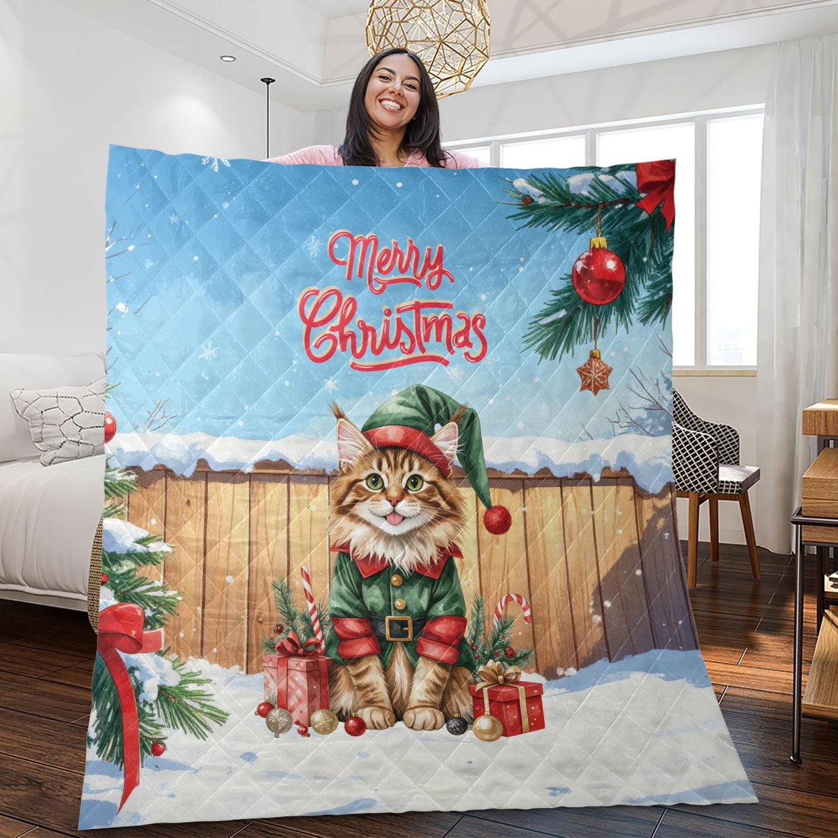 Merry Christmas Meowy Catmas Xmas Noel Maine Coon Elf Candy Cane Snow Quilt Blanket Cat Lover Kitten Owner Gifts Cozy Comforter Throw Blanket - 13017