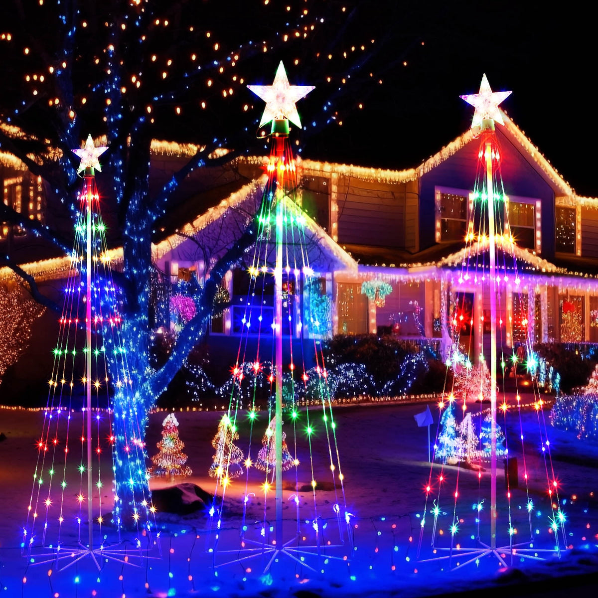 3 Pack LED Plug-In Christmas Tree Light Decorations, Multicolor Christmas Decor with Star Toppers, 4ft 5ft 6ft