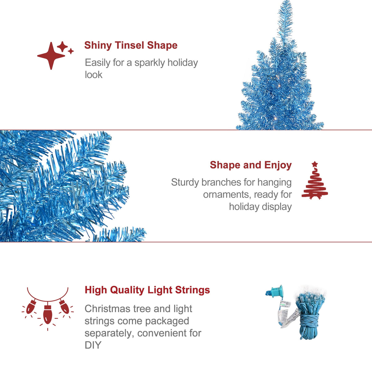 Bringstar 4FT Silver Artificial Christmas Tree with 50 String Lights, Mini Tinsel Tree, Not Pre-Lit, for Halloween & Holiday Home & Office Décor