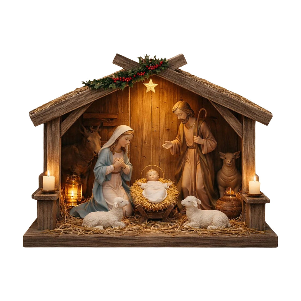 Nativity Scene Wooden Decor, Jesus Birth Manger Stable Sculpture for Christmas Home Church Decor