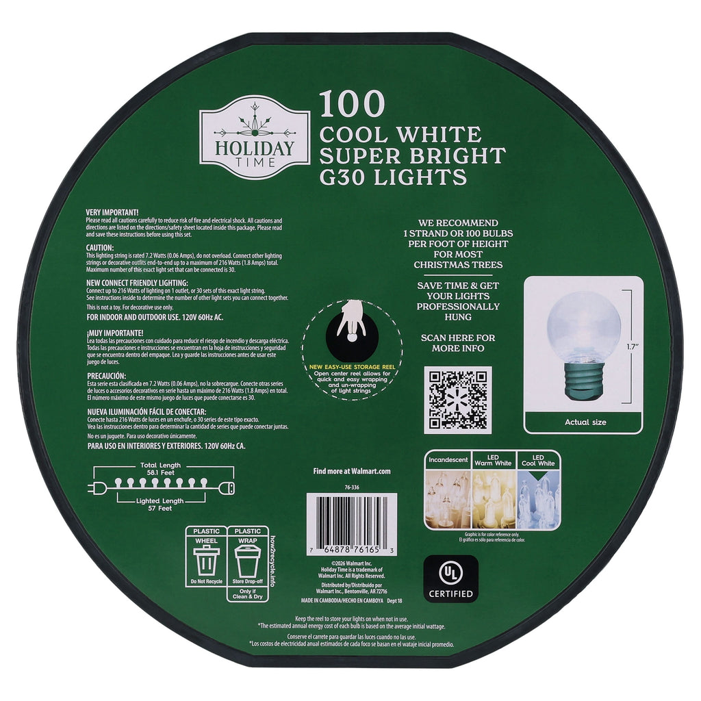 Indoor/Outdoor 100-Count LED Super Bright G30 Christmas String Lights, Warm White, Green Wire, 57', by Holiday Time