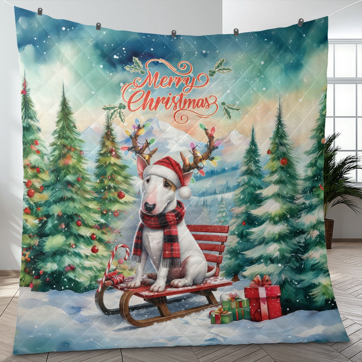 Merry Christmas Santa Reindeer Antlers French Bulldog Sleigh Xmas Winter Holiday Quilt Bedding Set Dog Lover Gifts 1 Blanket Bed Cover 2 Pillowcases - 00023