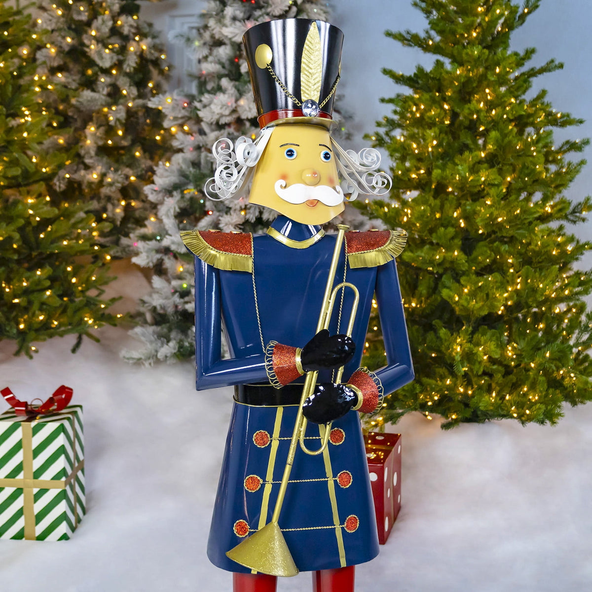 59” Tall Iron Christmas Green Nutcracker Holding Drum “Leo”