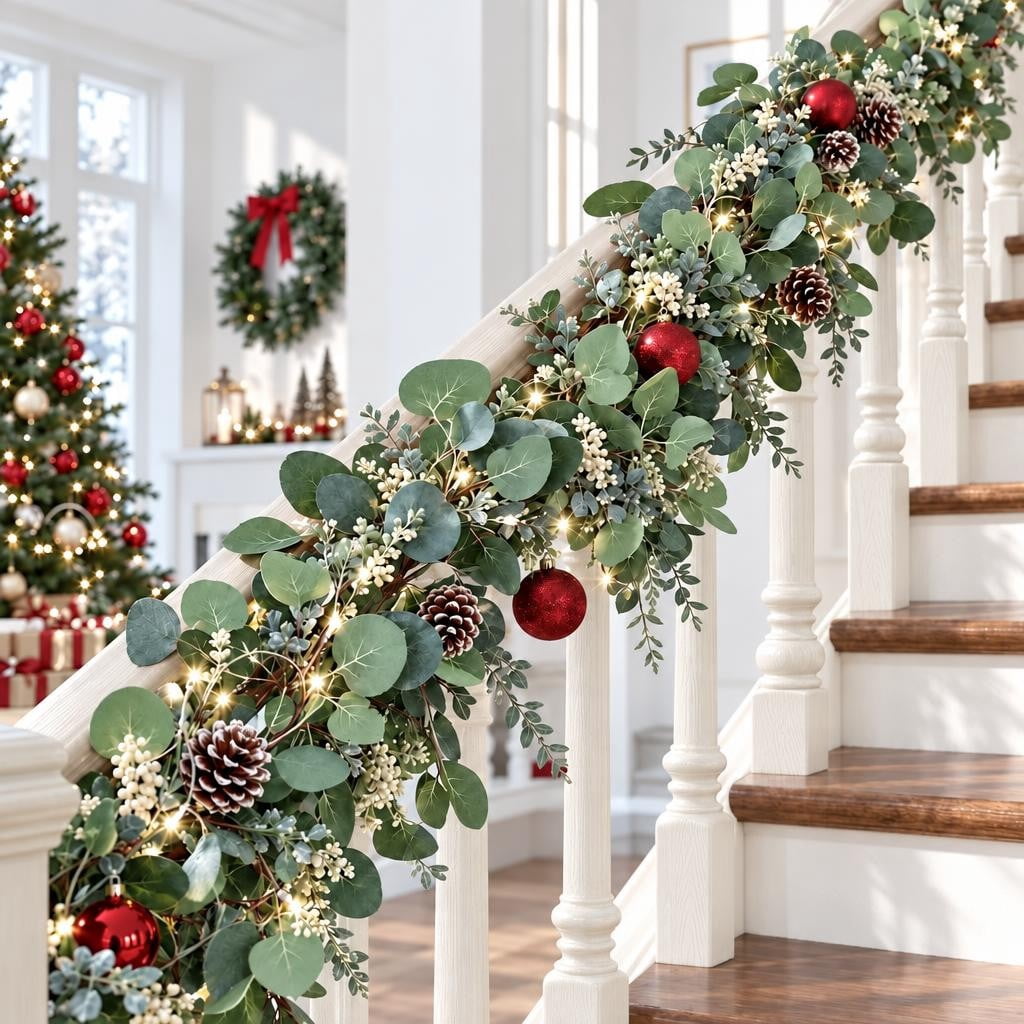 Scidweet Christmas Eucalyptus Garland, 2 Pcs 6.56 FT Artificial Greenery Garland Silver Dollar Leaves Boxwood Vines with White Buds for Home Wedding Party Table Mantle Xmas Decor