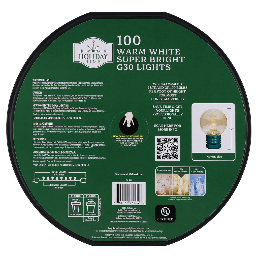 Indoor/Outdoor 100-Count LED Super Bright G30 Christmas String Lights, Warm White, Green Wire, 57', by Holiday Time