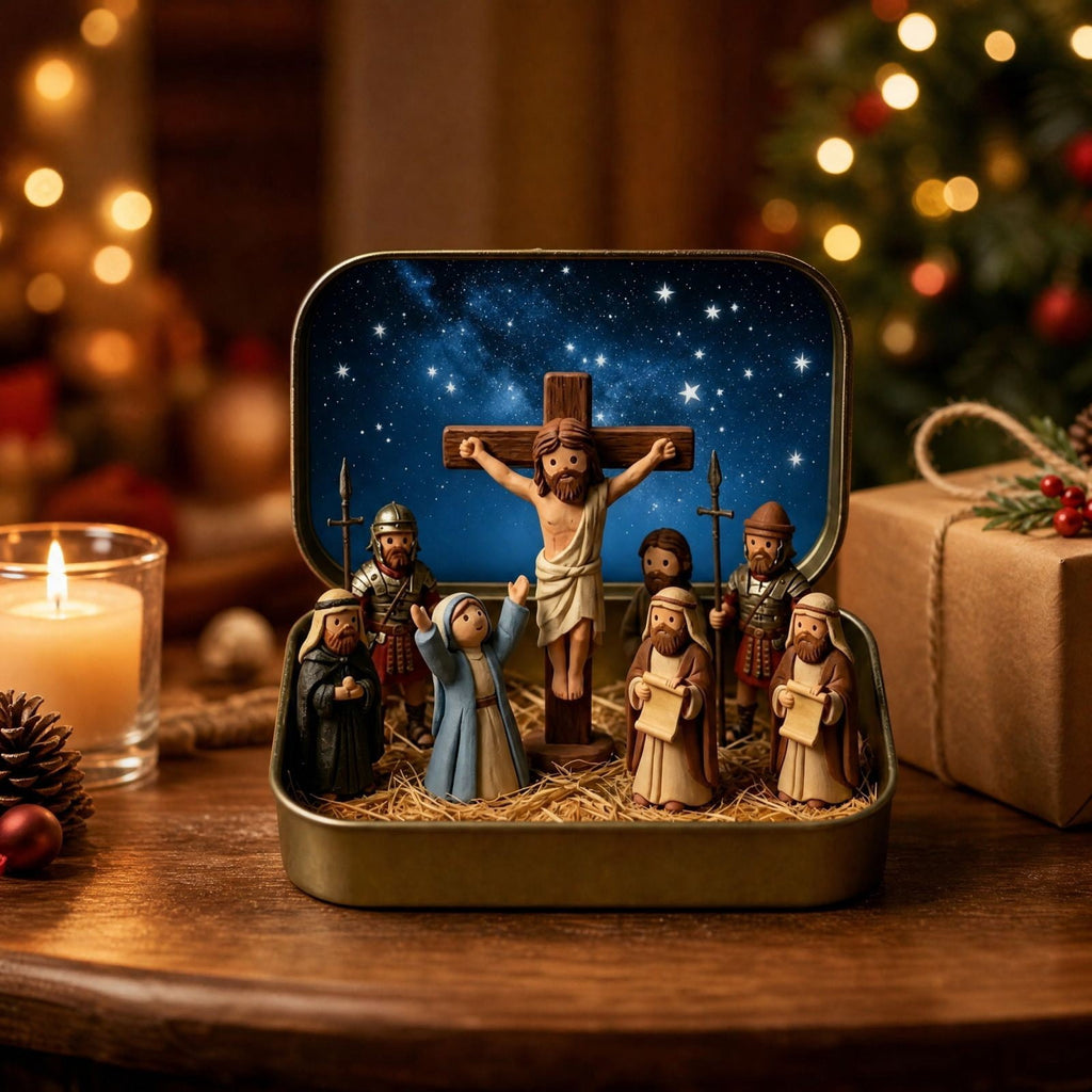 Daghihgewr Mini Christmas Nativity Set Tabletop Tin Box Multicolor Indoor Religious Ornament 1-Count 3.9 x 2.8 x 1.2 Inch