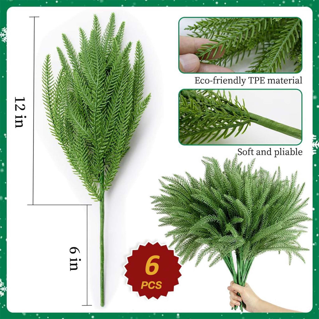 USPEED 18 Inch Real Touch Artificial Norfolk Pine Branches, Faux Cedar Pine Stem Fake Greenery Pine Picks for Vase DIY Garland Wreath Home Decoration - 6Pcs