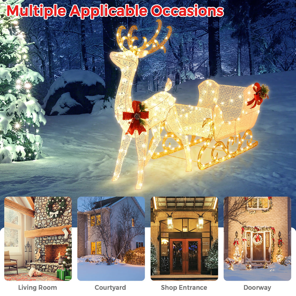 Costway 6 FT Christmas Lighted Reindeer & Santa's Sleigh W/ 215 LED Lights & 4 Stakes Gold
