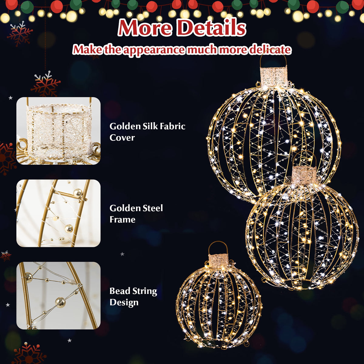 Gymax Set of 3 Christmas Globe Light Hanging Tree Light Ball Decor w/ Steel Frame & LED Lights