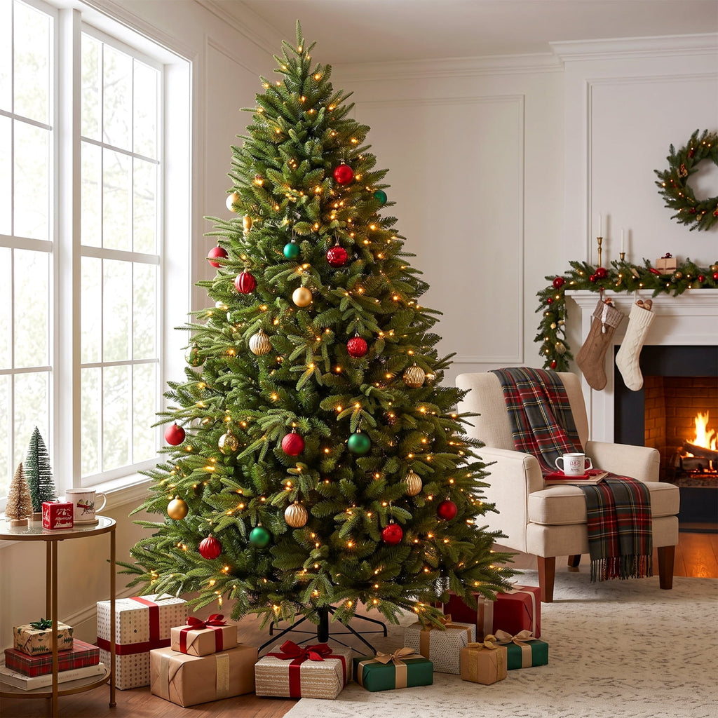 7ft Prelit Artificial Christmas Tree, 1300 PE/PVC Tips, Living Room Full Realistic Shape Spruce Xmas Tree with LED Lights, Foldable Metal Stand, Easy Assembly, for Home Office Holiday Decor